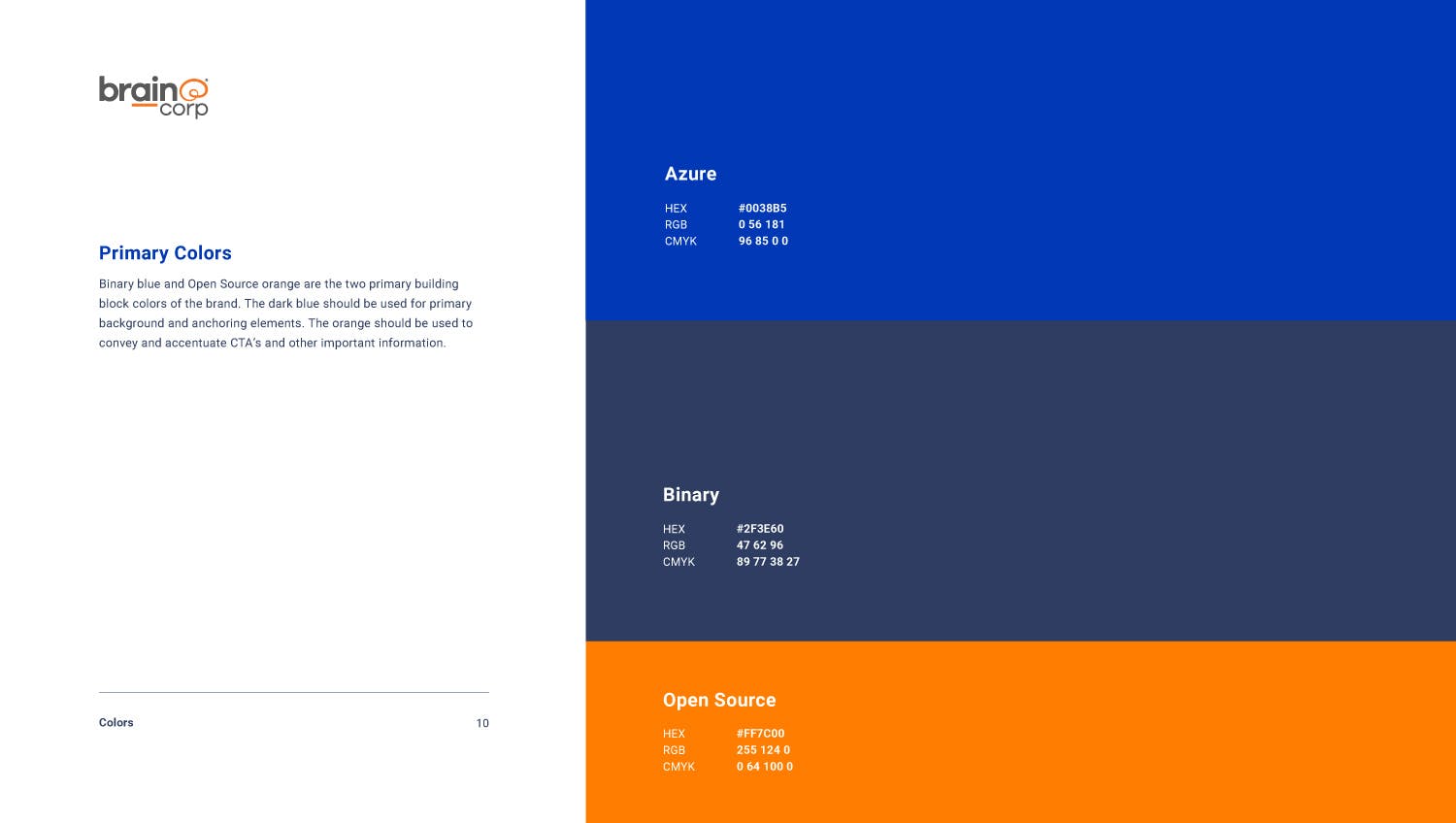 Brain Corp brand guide brand colors page