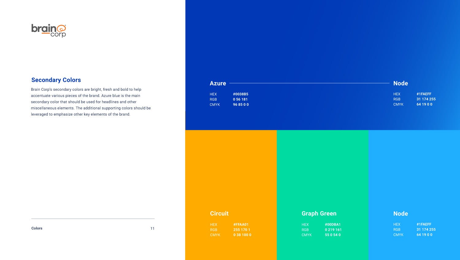 Brain Corp brand guide brand colors page