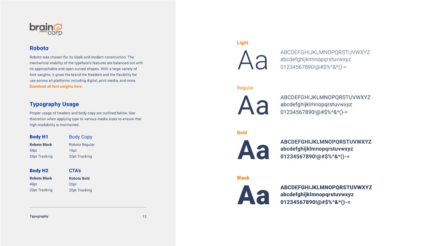 Brain Corp brand guide brand fonts page